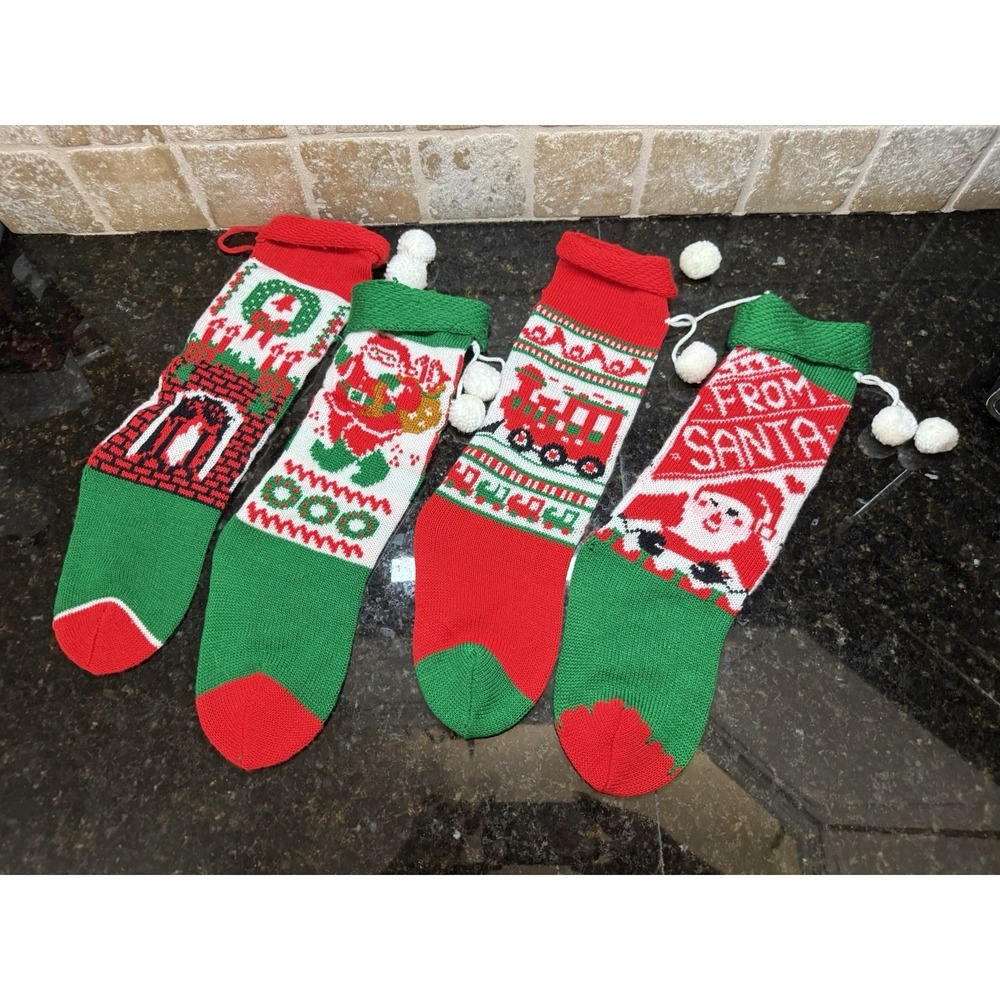 4 VINTAGE KNIT‎ CHRISTMAS Stockings Santa Fireplace Train Red Green Pom Pom